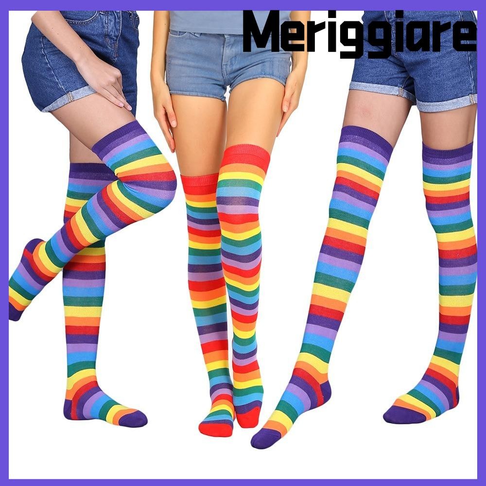 MERIGGIARE Thigh High Stockings, Non Slip Breathable Long Knit Socks, Festival Attire Party Universal Striped Socks