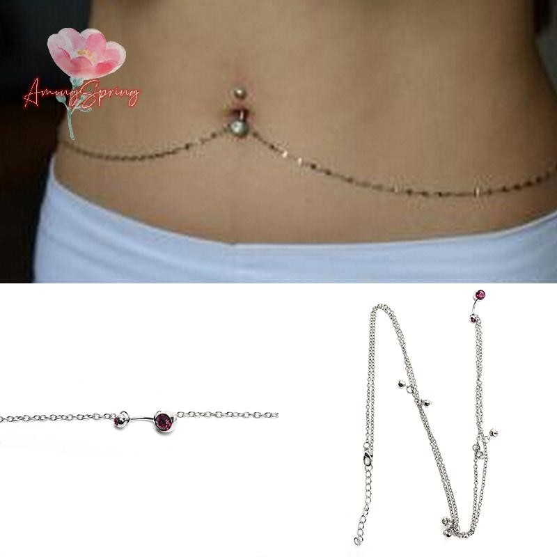 AmongSpring> Women 14G Crystal Navel Belly Button Ring With Waist Chain Body Piercing  new