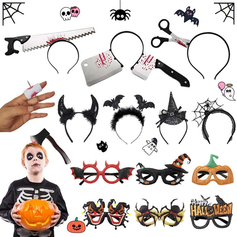 Halloween Headband with Bloody Props, Gothic Horror Hair Hoop, Fake Axe Knife Glasses, Scary Cosplay Accessories, Party Decor for Women & Men