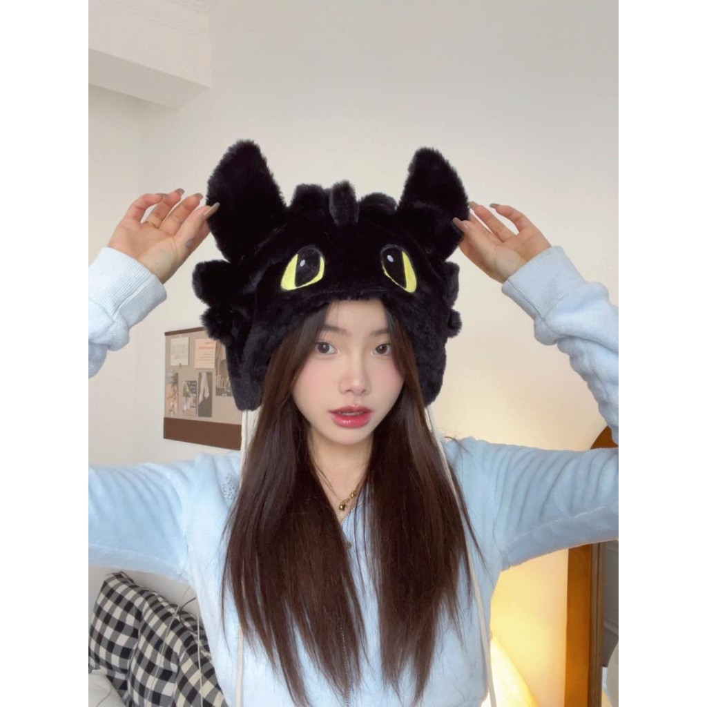 [Hot Sale] Auntie Weird Cute Black Sha Toothless Headgear Female Plush Autumn Winter Warm How to Train Your Dragon Anime Merchandise Ear Protection Hat Cartoon Holiday Gifts Students