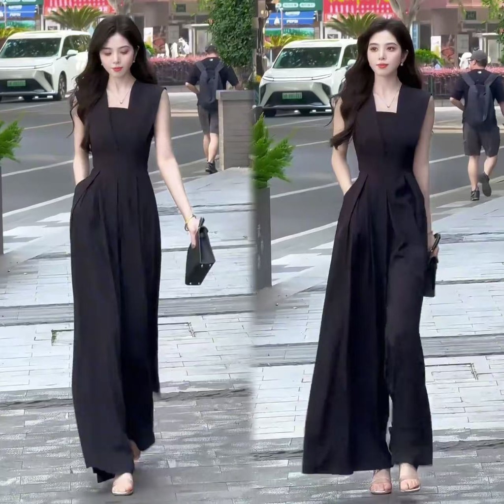 Sleeveless Square Collar Wide-Leg Jumpsuit - Waist-Hugging & Slimming Fashion
