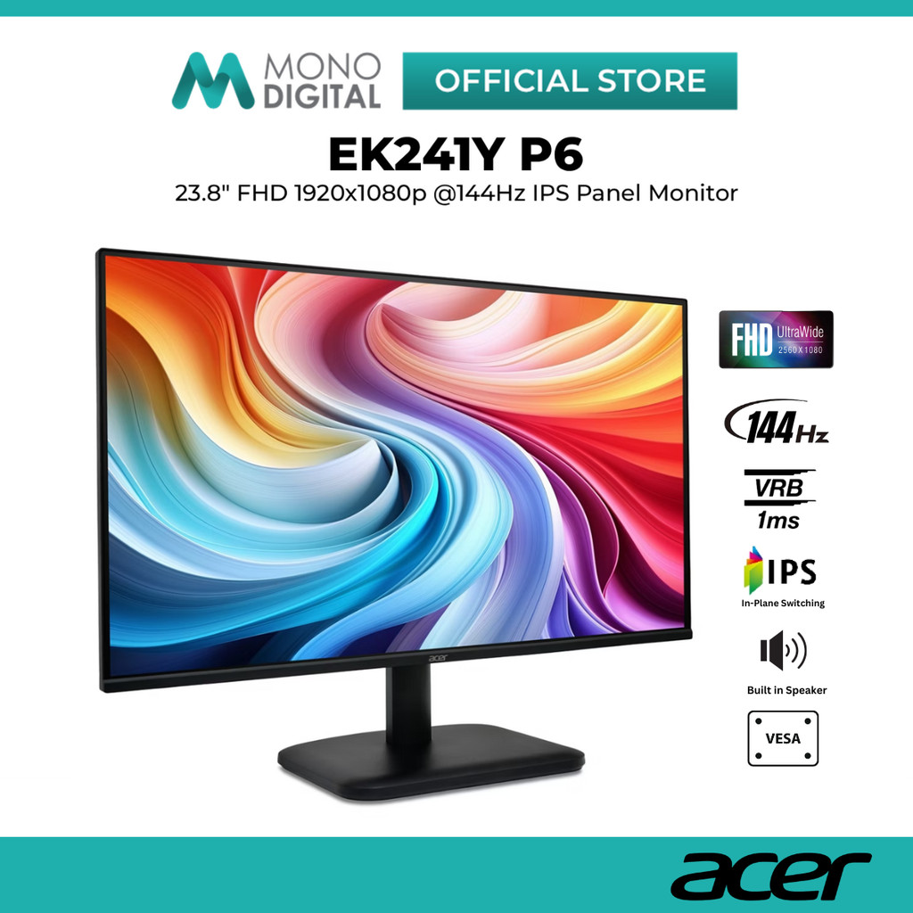 ACER 23.8" EK241Y P6 / EK241YP6 LED FHD (1920x1080 @144HZ) FLAT IPS LCD MONITOR (1MS, INPUT: VGA+ HD