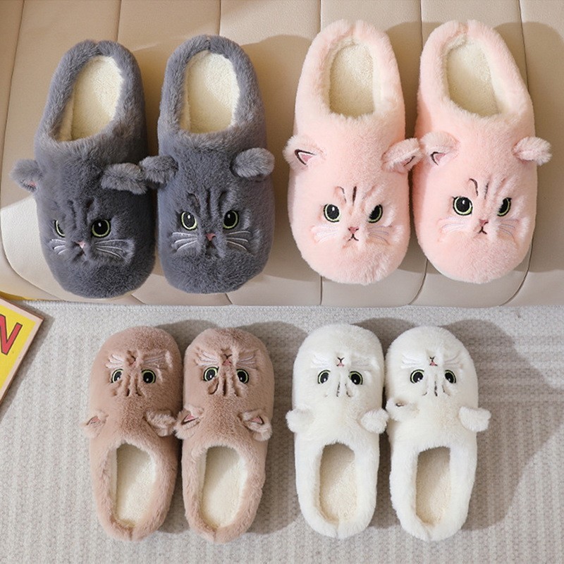 New Winter Women Lovely Cat Plush Slippers Warm Shoes Slides Cartoon Cat Fuzzy Slippers Men Soft Footwear Home Cotton Shoes