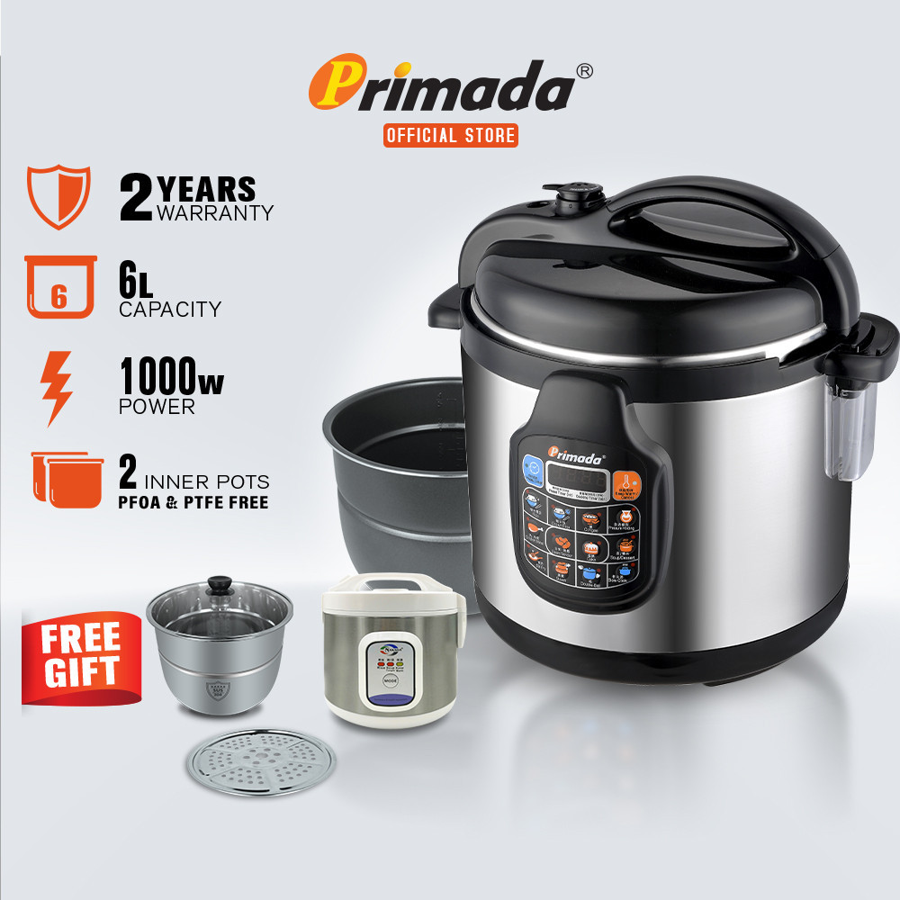 Primada 6 Liter Dual Pots Pressure Cooker PC6030(1 NS POT+FREE 1 SS POT+1 STEAM RACK+1 MINI RICE COOKER)