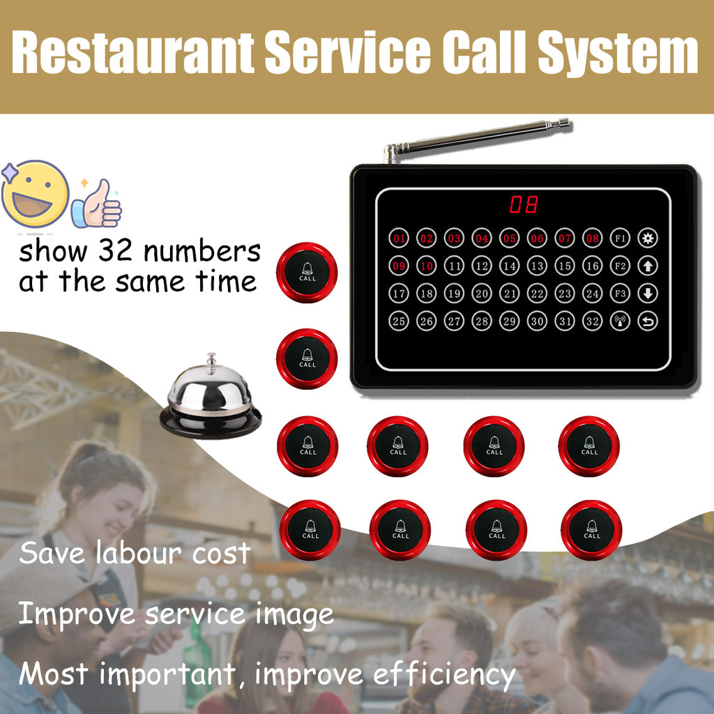 Restaurant Waiter Call Service System Restaurant Equipment Display can Show 32 pcs Button At the same time Wireless Calling Pager System Queue Order Numbering System for Cafe/Clinic