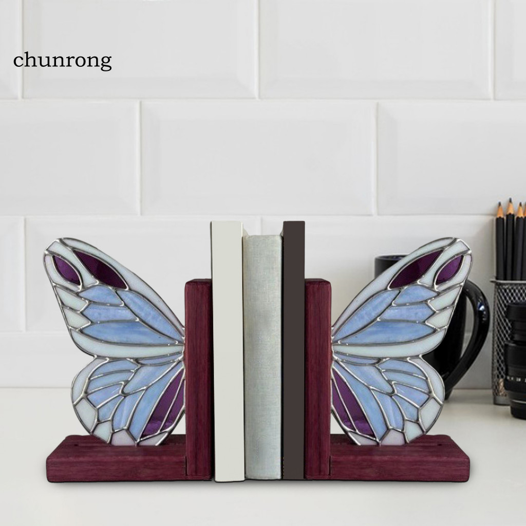 Women Home Accessories Modern Tabletop Decoration Vintage Butterfly Wooden Bookends for Room Bedroom Decor Retro L Shaped Bookend with Butterfly Design Pair of Bookshelf