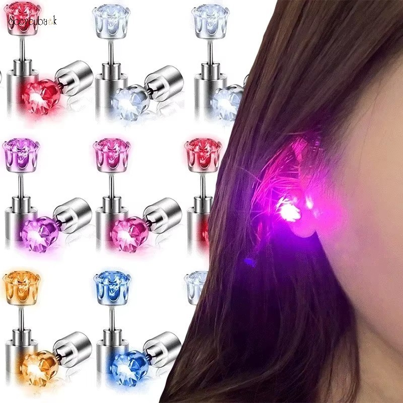 1/2Pcs Light Up LED Glowing Bling Zircon Ear Stud Earrings for Women Girls Colorful Luminous Earring Men Bar KTV Rave Party Jewelry