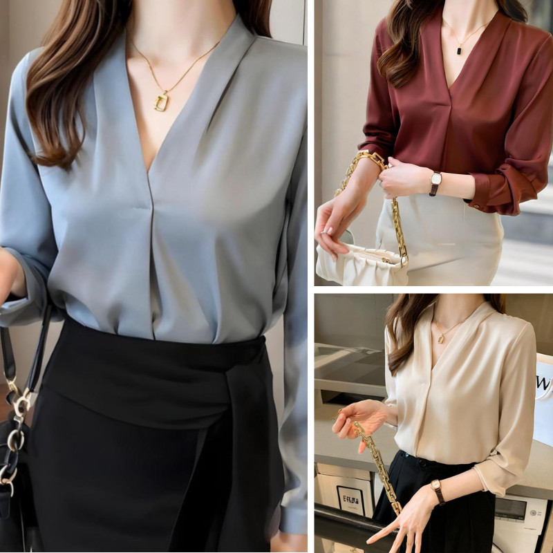 Women’s Elegant V-Neck Long Sleeve Blouse – Korean Style Workwear Top, Solid Color Office Shirt