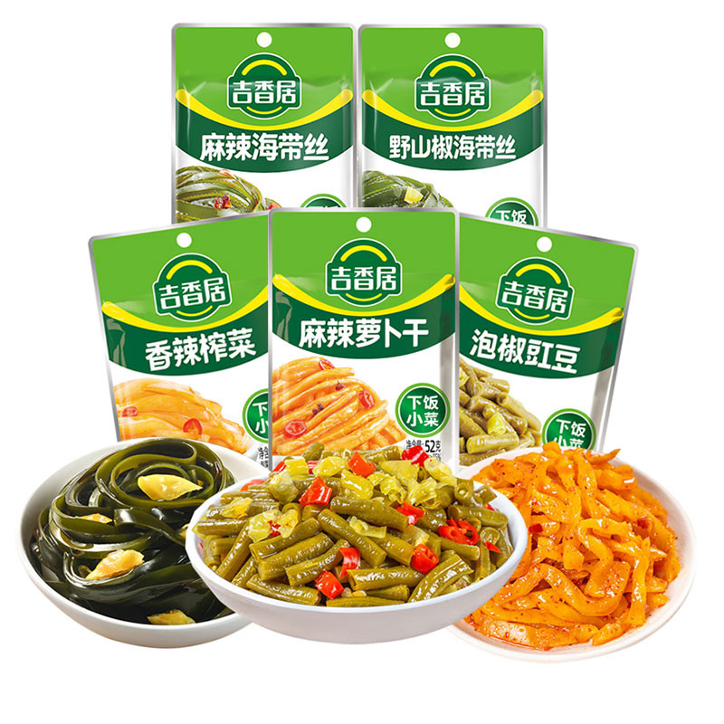 吉香居 Jixiangju Spicy Radish Pickle 52g - Szechuan Mustard Tuber, Wild Pepper Seaweed, Pickled Chili Cowpea, Hot & Crunchy Chinese Kimchi Instant Meal Side Dish