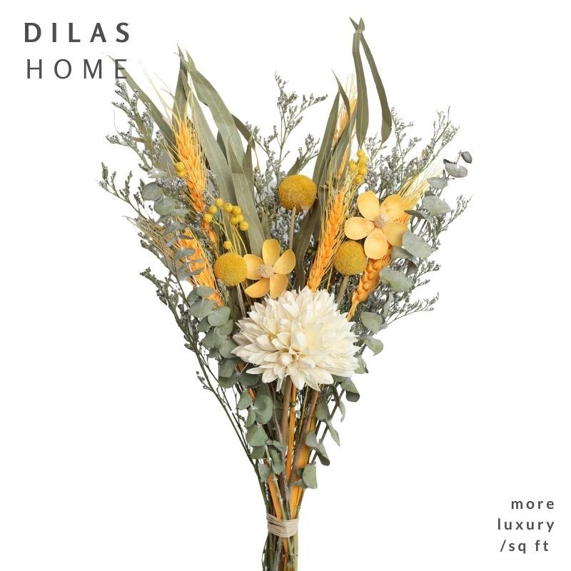 DILAS HOME Real Dried Flower Bouquet White Dahlia Daisy Lotus Golden Ball Yellow Wheat Eucalyptus Caspia