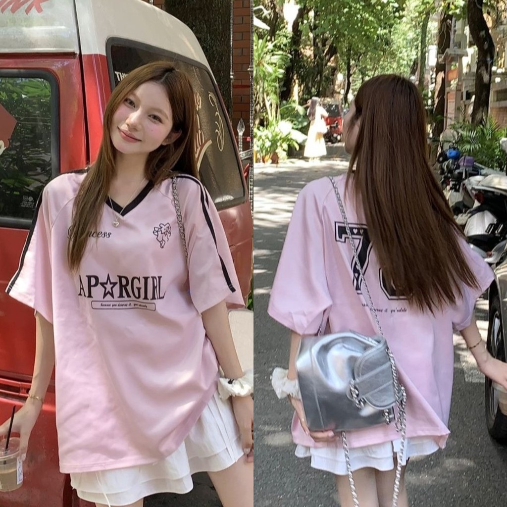 Pink Jersey T-shirt Girls V-neck T-shirt Oversize Women's Shirt Short-sleeved Summer Casual Printed Trendy Brand Fashion Streetwear Tops