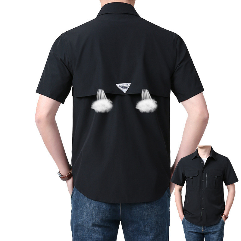 Summer Outdoor Leisure Multi-Pocket Tooling Short-Sleeved Shirt Outdoor Breathable Thin Shirt Ice Silk Elastic Quick-Drying