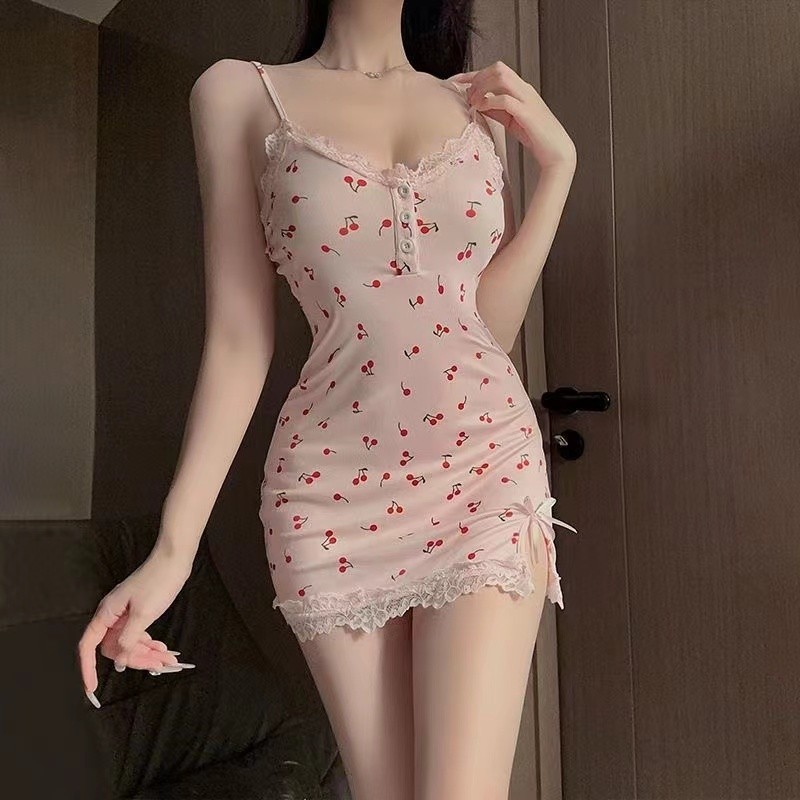 Floral Lace Lace Sling Nightdress Short Skirt Pajamas (with Chest Pad)