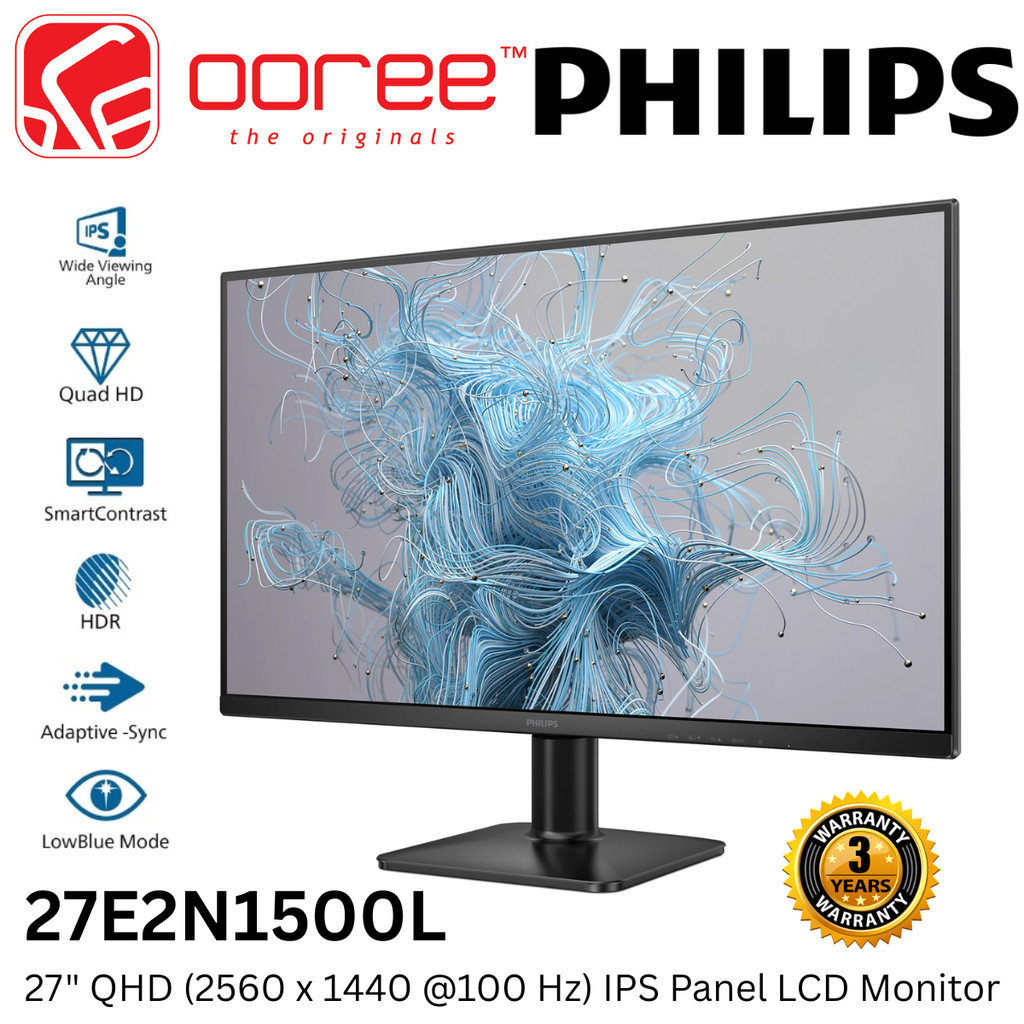 PHILIPS 27" 27E2N1500L LED QUAD HD (2560x1440 @75Hz) LCD IPS PANEL MONITOR (4MS, INPUT: HDMI+DP, VES