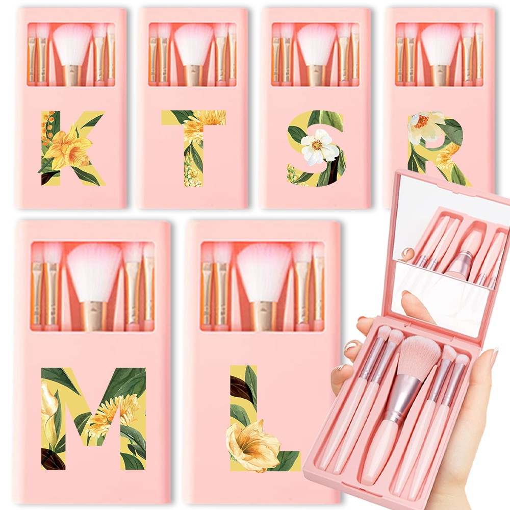 Makeup brush 5Pcs With Mirror Box Cosmetic Brush Organizer Holder Travel Kit Floral Letter Pattern Beauty Tool Case
