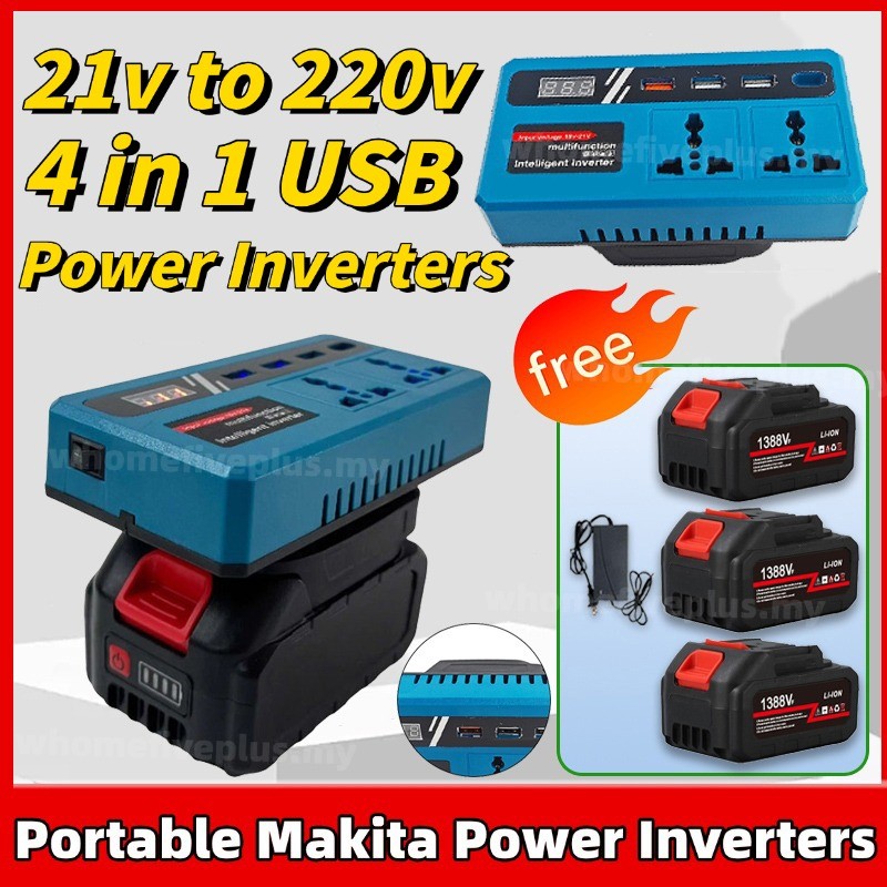 【3 Battery set】Portable Makita Power Inverters for 20V Battery Inverter 20v-220v Converter with 4USB,AC Outlet and TypeC With Battery Power Inverters