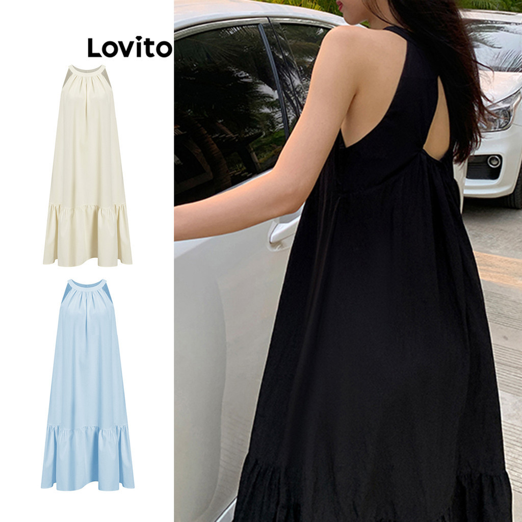 Lovito Casual Plain Ruffle Hem Cut Out Dress for Women L68ED142 (White/Black) Lovito Gaun Potongan Kelim Kerut Polos Kasual untuk Wanita