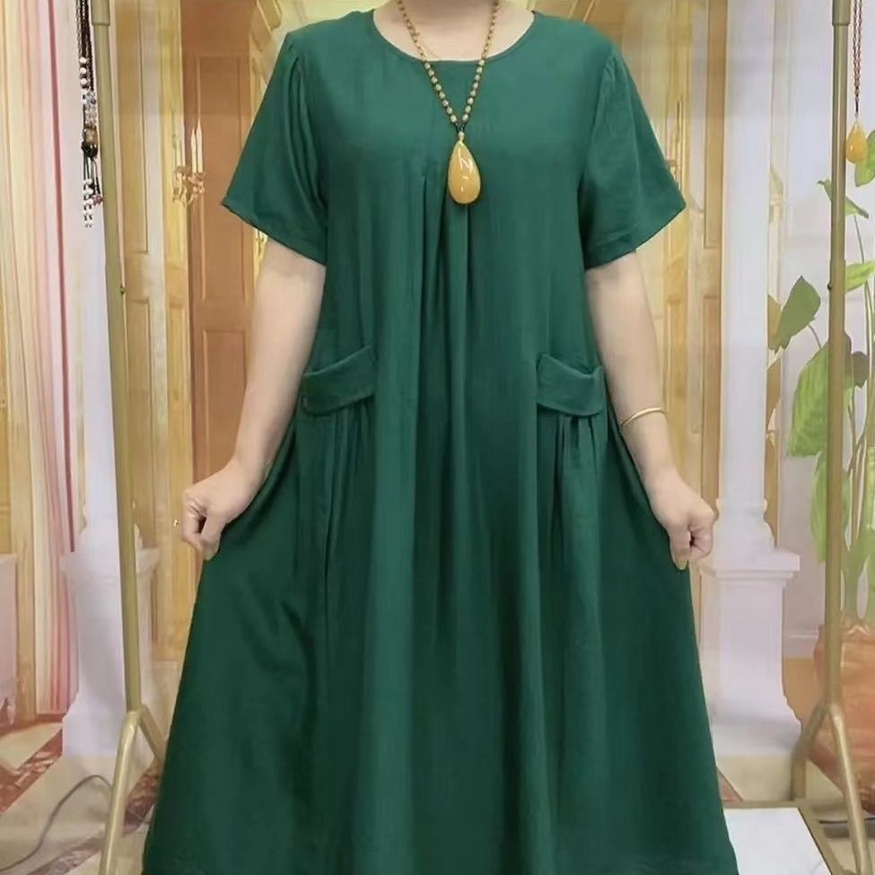 Summer Women Maxi Dress Elegant Solid Cotton Linen Short Sleeve O-Neck Loose Dress Female Retro Streetwear Dress