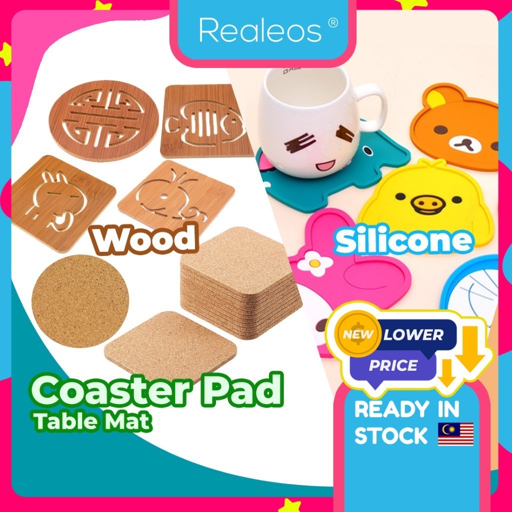 Realeos Cute Kitchen Fibre Wood Board Heat Resistance Coaster Table Place Mat Cup Coaster Silicone Cork Anti Slip Pad