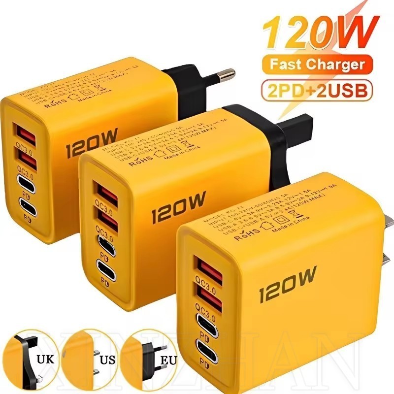 PD 120W QC3.0 Wall Charger with Cable - 4 Ports USB Type-C Phone Power Adapter - For US EU UK Socket - Universal Travel Quick Charging Set - 4-In-1 Multiport Wall Plug