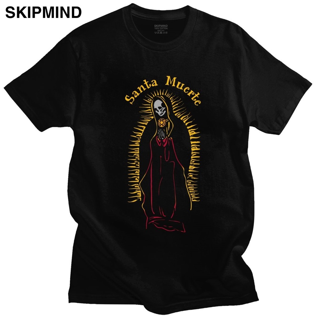 Cool Santa Muerte T-Shirt for Men Short Sleeve Saint Mexican Skull Tshirt Day of the Dead Tee Tops Cotton T Shirt Merchandise