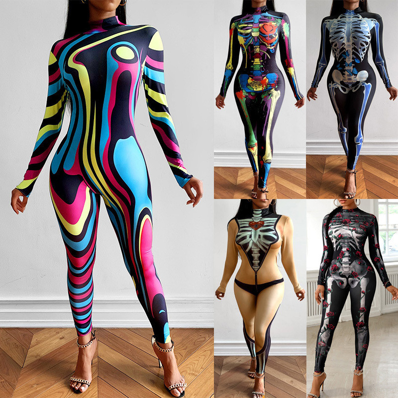 European and American street skeleton printed jumpsuit pants