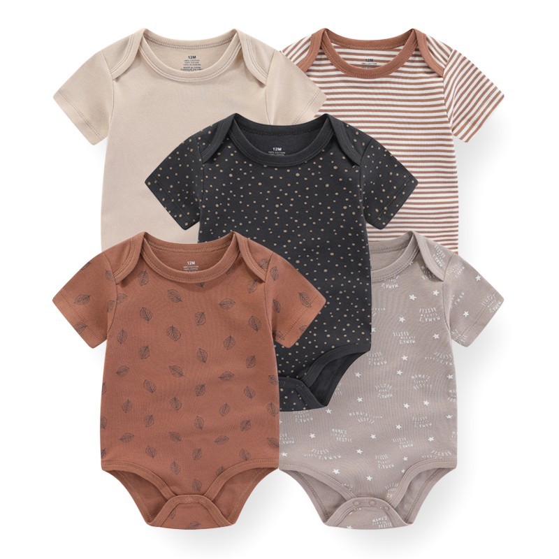 Kiddiezoom 5 Pcs Cartoon Short Sleeve Baby Boy Girl Bodysuits Soft 100%Cotton Baby Onesies