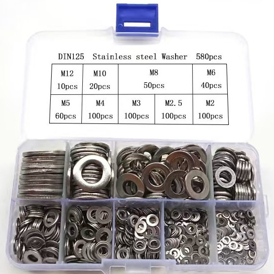 580 PCS 304 Stainless Steel Flat Washers Assortment Kit 9 Sizes-M2/M2.5/M3/M4/M5/M6/M8/M10/M12