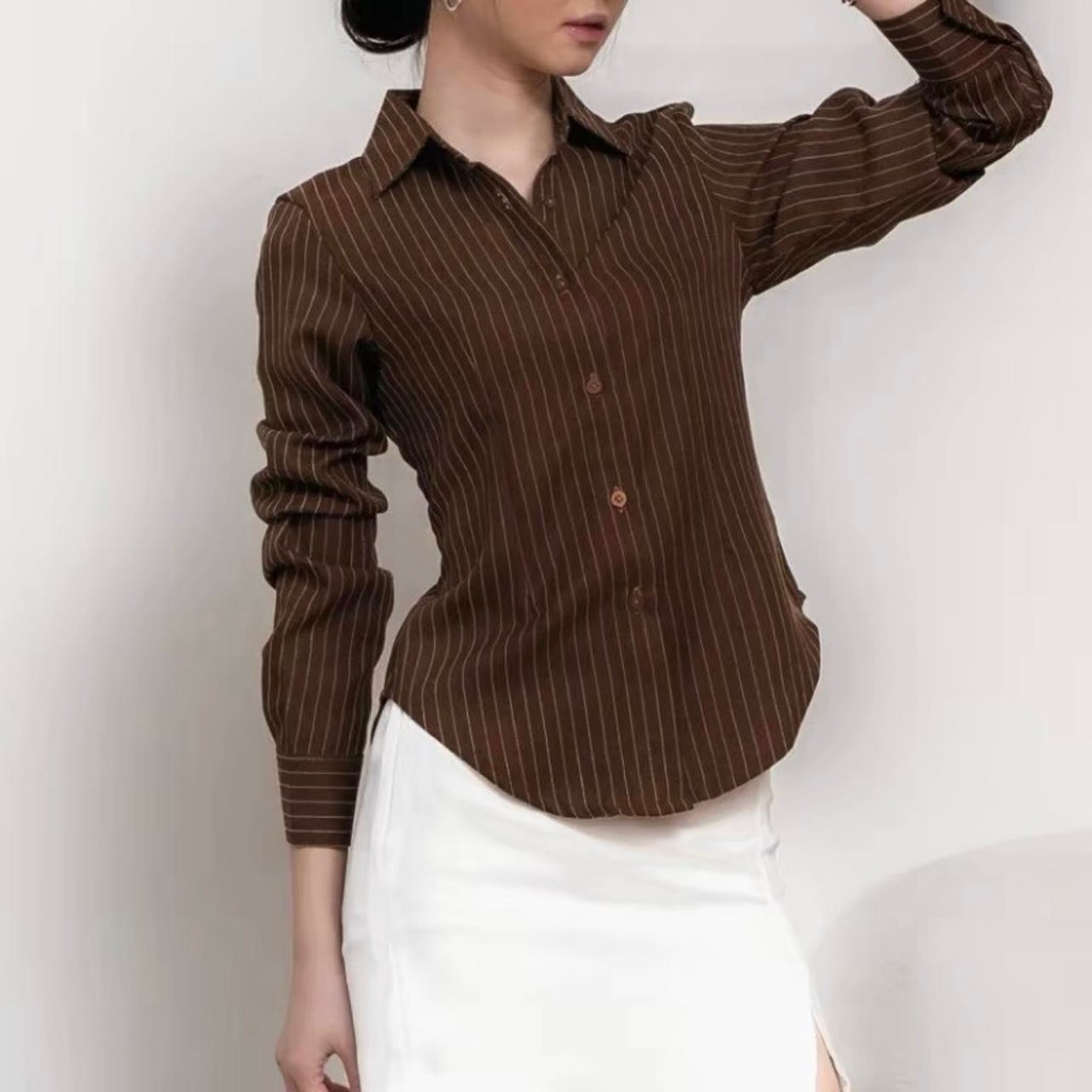 Women's Striped Long-Sleeved Cotton Shirt - Lapel Collar Button Down Elastic Waist Slim Fit