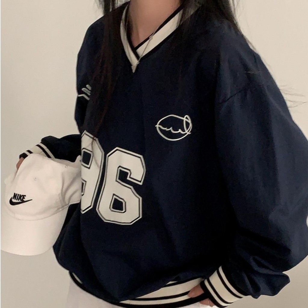 VELIN M-2XL Women Korean V Neck Long Sleeve Top Letter Printed Oversized Pullover Sweatshirt