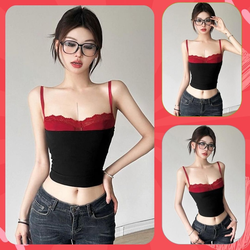 2-piece shirt for women, lace t-shirt, strapless mid-tank top, summer tank top for going out to the beach, black and red, refined fish AT52
