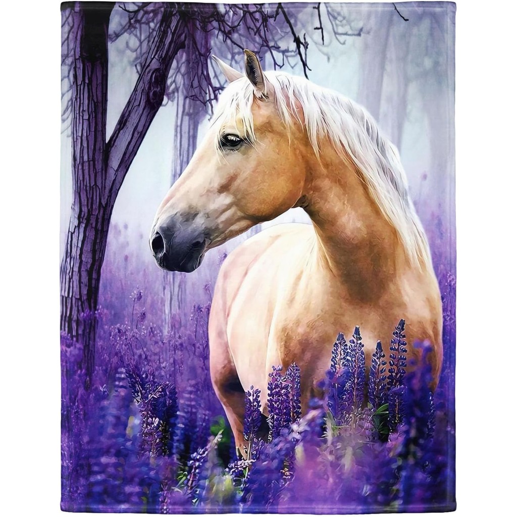 60"x80" Horse Blanket with Purple Lavender, Super Soft Fleece Throw Blankets for Girls