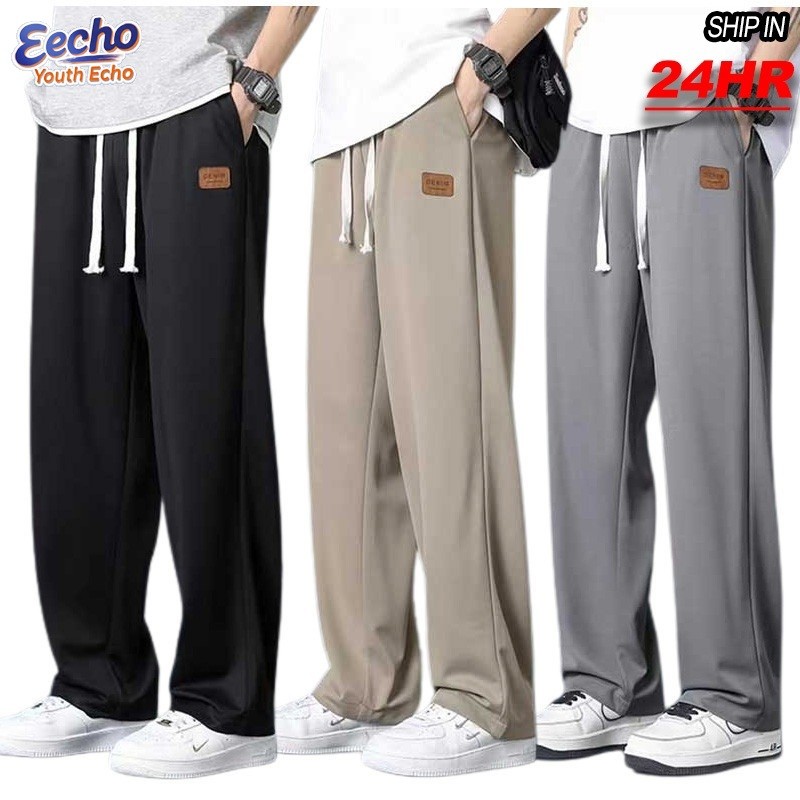 Local 24 Ship Plus Size Korean Ice Silk Pants for Men Loose Straight Cut Seluar Lelaki seluar slack lelaki Cargo celana Baggy Sweatpants Black Khaki Grey