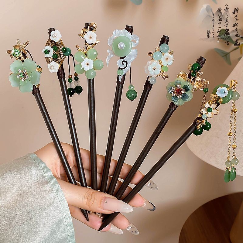 高级绿色花朵发簪女2025新新中式木质簪子古风汉服发钗头饰Adult Chinese Style Hair Stick Super Fairy Hanfu Hair Clip Girl Princess Accessories
