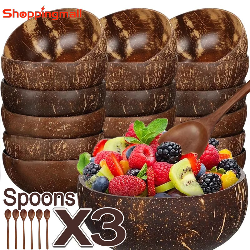 3Pcs Natural Coconut Bowls Reusable Wooden Tableware with Spoon Dessert Fruit Salad Yogurt Coconut Bowl Home Kitchen Supplies
