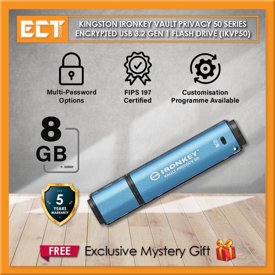 Kingston IronKey Vault Privacy 50 Series Encrypted 8GB / 16GB / 32GB USB 3.2 Gen 1 Flash Drive (IKVP50)