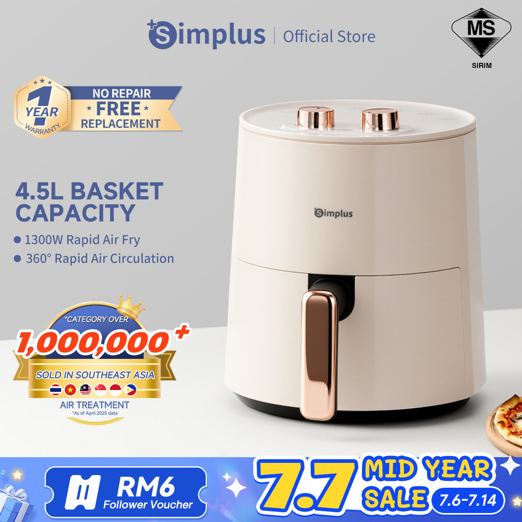 Simplus Air Fryer 4.5L 1300W Temperature Control Non-Stick Coating 360°Hot Air Circulation Simple Knob Penggoreng Udara