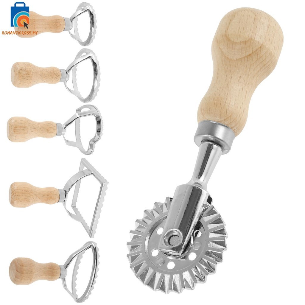 6 Pcs Ravioli Pasta Cutter Wheel Set Ravioli Stamp Maker Cutter with Roller Wheel Set Ravioli Maker Cutter with Wooden Handle Ravioli Stamp Set Tools for Pasta SHOPSKC6607