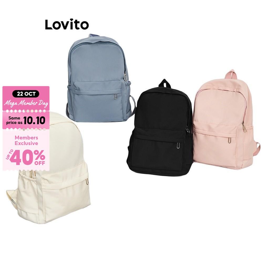 Lovito Preppy Plain Colorblock Double Shoulder Strap Multi-pocketed Backpacks L41BA05 (White/Pink/Blue/Black) Preppy Polos Colorblock Tali Bahu Ganda Multi-saku Ransel L41BA05 (Putih/Berwarna Merah Muda/Biru/Hitam)