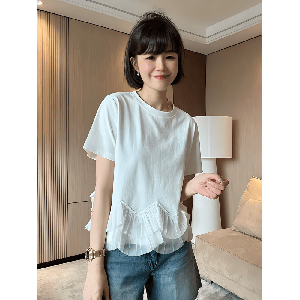 Design Sense Women's Patchwork Short Sleeve T-Shirt Spring Summer Modern Fashion Helps To Look Slim