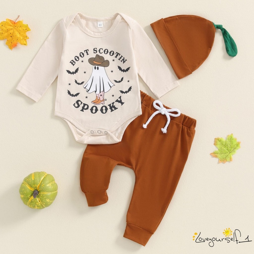 B935G-Baby Boy Halloween Outfit Ghost Letter Print Long Sleeve Rompers and Pants Beanie Hat Set Spring 3 Piece Clothes