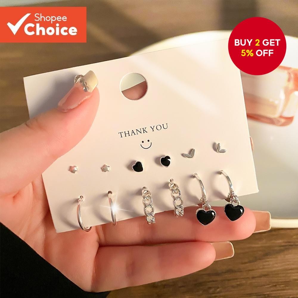 6PCS Heart Bow Earrings for Women, Korean Cute Cool Clip-On Jewelry Set"