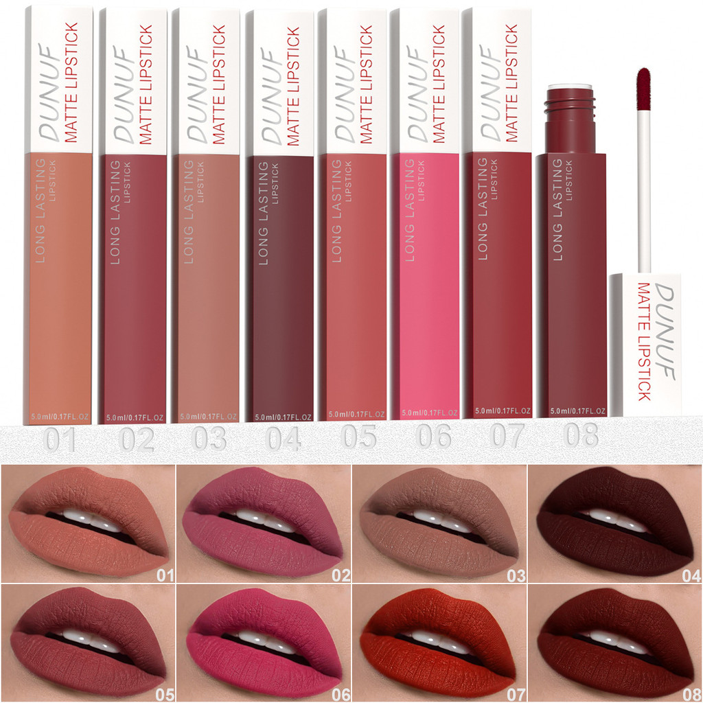 DUNUF 8 Colors Matte Waterproof Lip Gloss Sexy Red Not Fade Liquid Lipstick Long Lasting Velvet Lip Glaze Earth Brown Non Stick Makeup