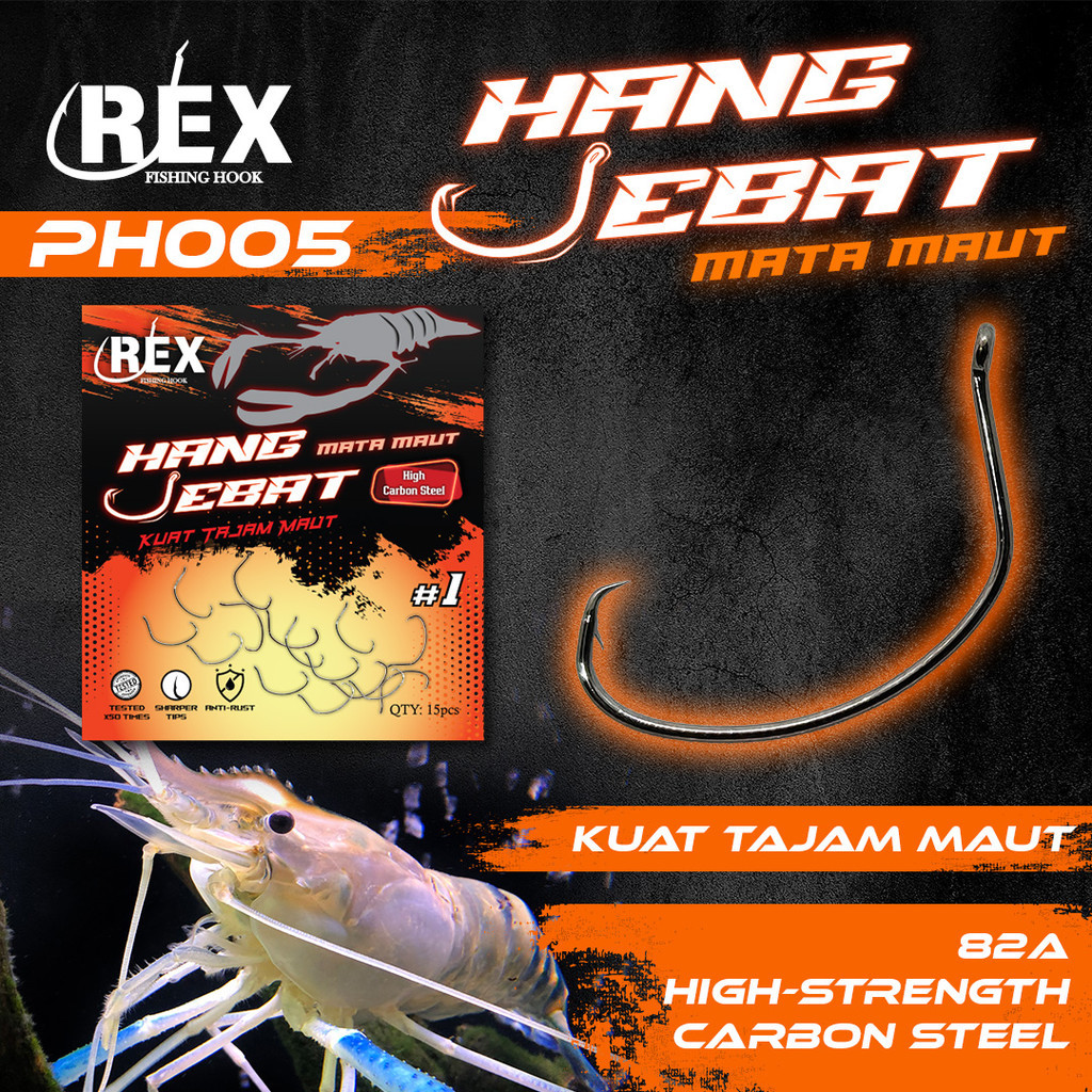 REX Hang Jebat 15pcs Prawn Hook Mata Maut Udang Galah Carbon Steel Mata Kail Mata Udang Hook Galah Kuat Tajam