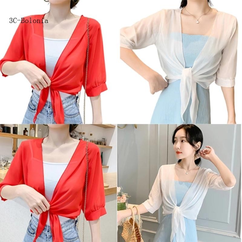 【PC】 Womens Short Sleeve Sheer Meshes Shrug Tie Front Cropped Boleros Cardigans