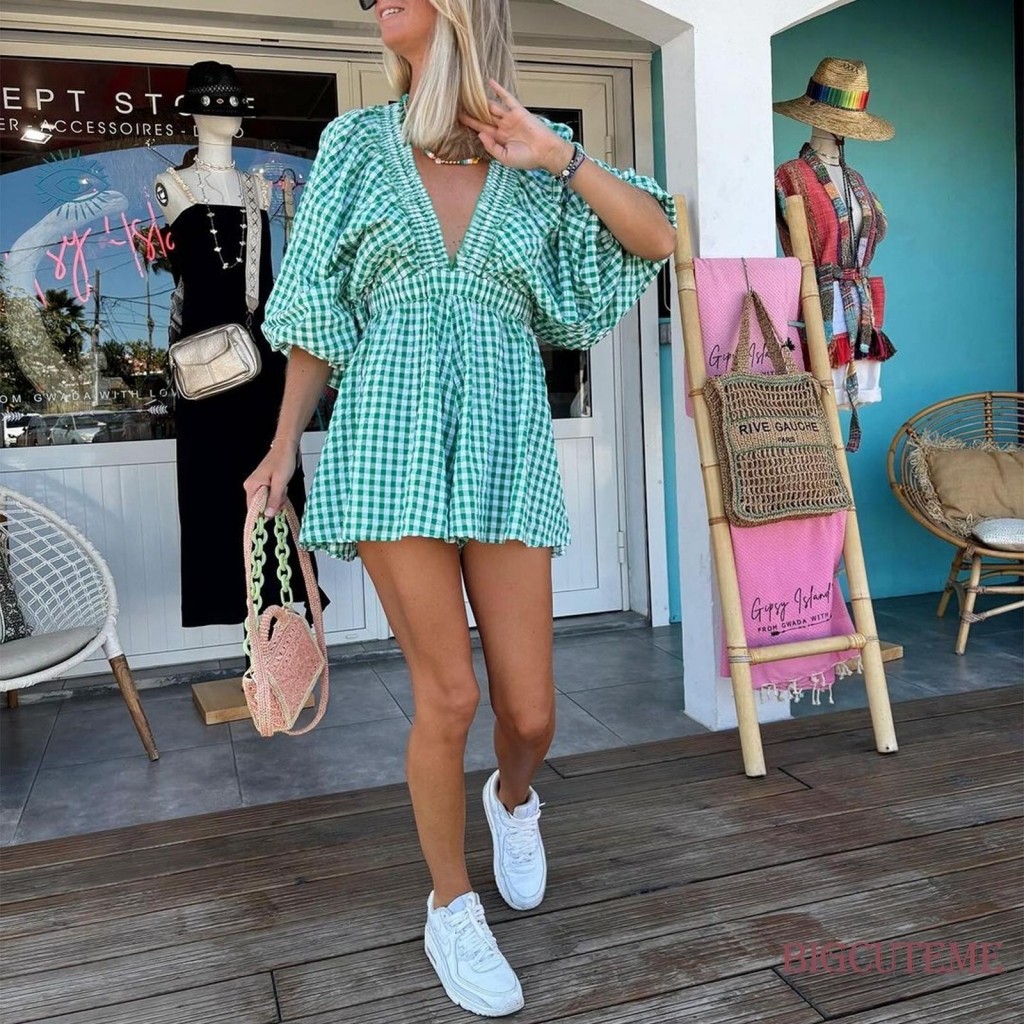 []-Women Deep V-Neck Solid Color/Plaid Bubble Sleeve Elastic Waist Loose Wide Leg Jumpsuits Summer