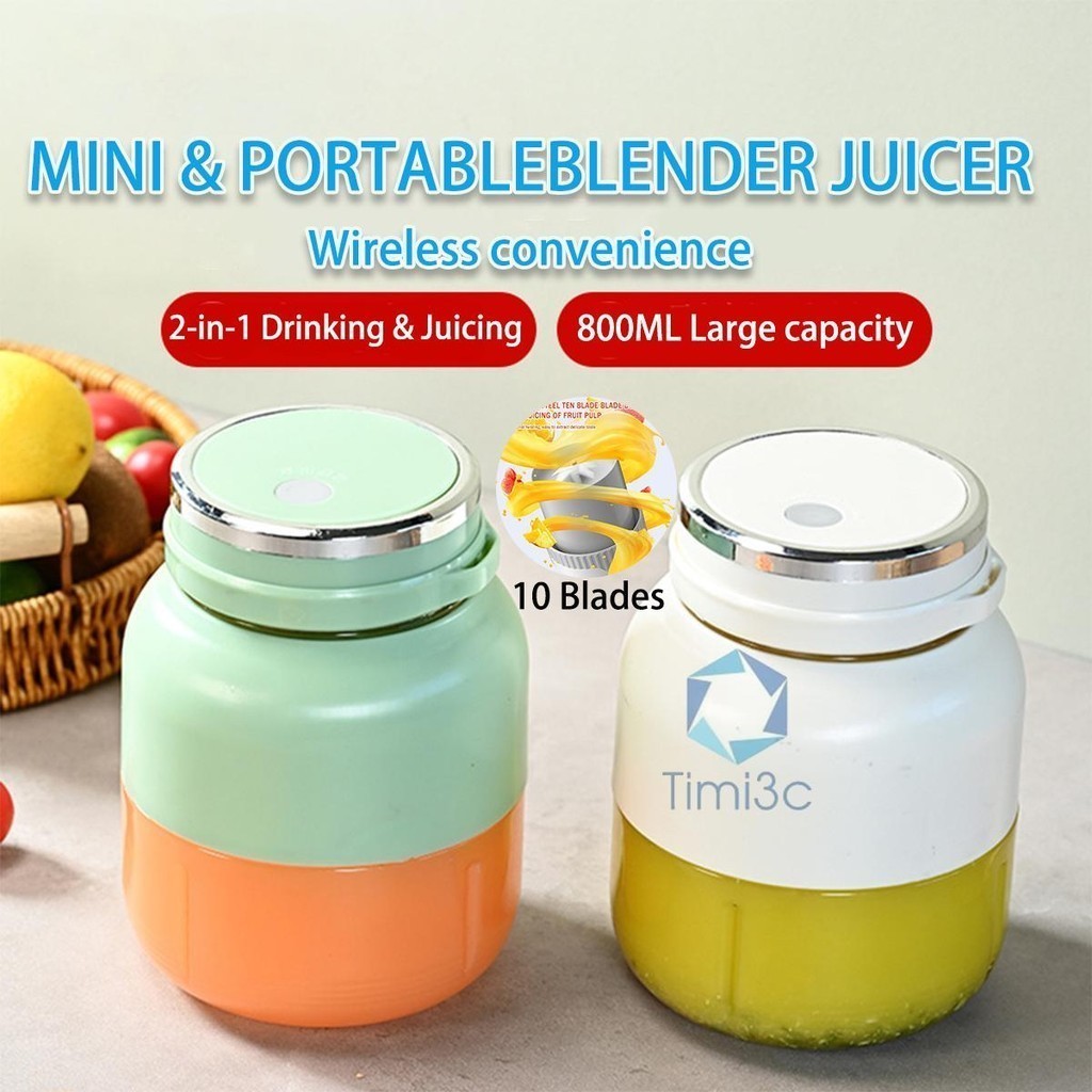 Mesin Pengisar Mini Bergerak 800ML Berkapasiti Besar - Juicer Elektrik Tanpa 2600mAh dan Pisau 10-Bilah - Blade Battery