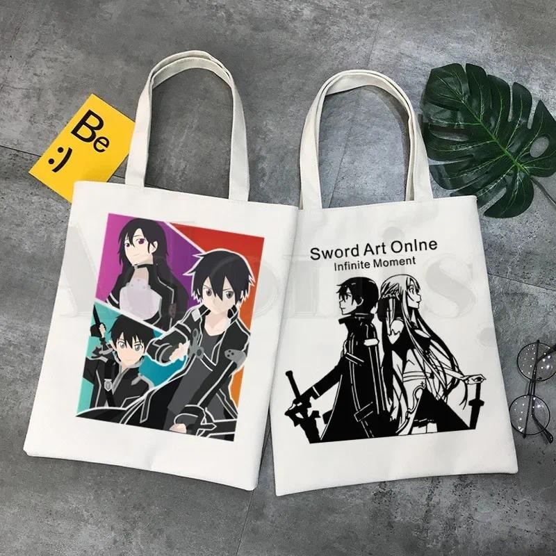 Anime Sword Art Online SAO Kirito Yuuki Asuna Handbags Cloth Canvas Tote Bag Women Eco Reusable Shoulder Shopper Bags Bolsas