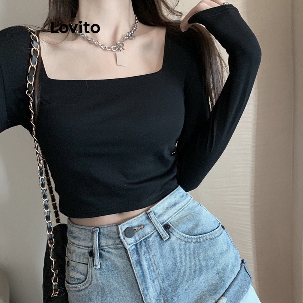 Lovito Casual Plain Square Neck Basic T-Shirt for Women LNE29198 (White/Black) Lovito Kaos Basic Kasual Leher Persegi Polos untuk Wanita