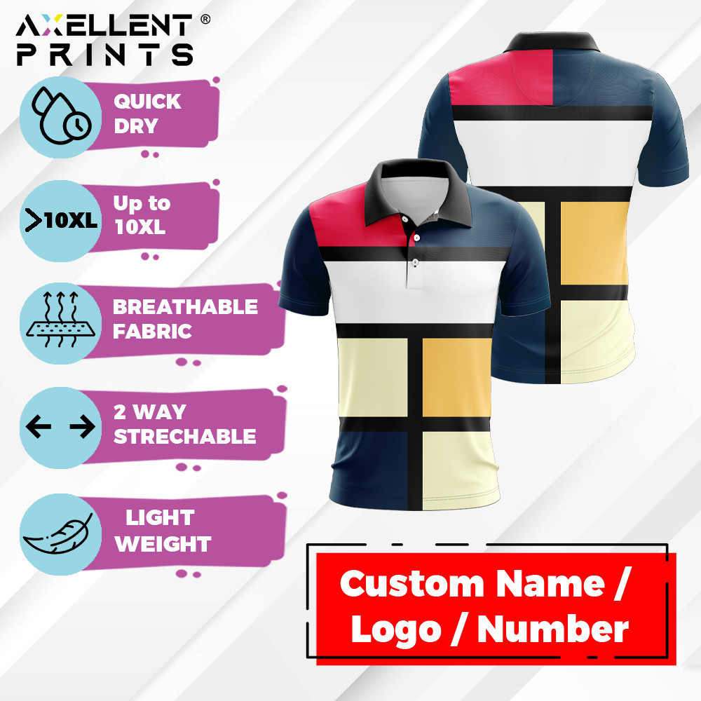 Axellent Prints Geometric Fusion Baju Jersey Custom Name Polo Lengan Pendek Muslimah Family Tee Sukan